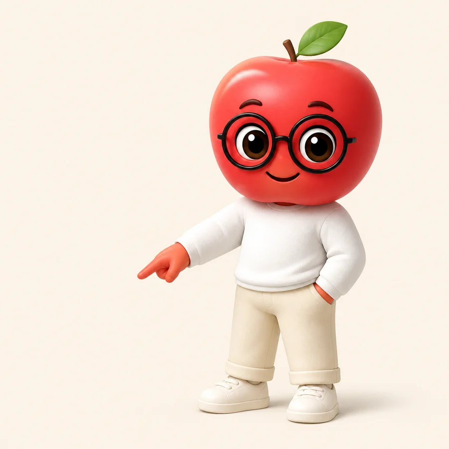 赤いりんごと黒い丸眼鏡の案内キャラクター